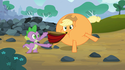 Size: 1280x720 | Tagged: safe, screencap, applejack, spike, dragon, earth pony, pony, spike at your service, air inflation, bellows, cartoon physics, female, inflation, male, mare, puffy cheeks