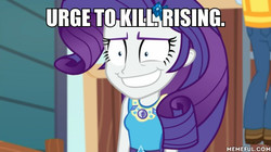 Size: 600x337 | Tagged: safe, edit, edited screencap, screencap, rarity, equestria girls, equestria girls specials, g4, my little pony equestria girls: better together, my little pony equestria girls: rollercoaster of friendship, faic, fake smile, female, memeful.com, smiling, the shinning, the simpsons, treehouse of horror, treehouse of horror v, urge to kill rising