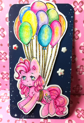 Size: 2717x3968 | Tagged: safe, artist:zefirka, pinkie pie, earth pony, pony, g4, balloon, female, floating, high res, solo, then watch her balloons lift her up to the sky, traditional art