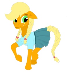 Size: 690x744 | Tagged: safe, artist:the-fox-experiment, applejack, earth pony, pony, g4, alternate hairstyle, braid, braided pigtails, clothes, cute, female, freckles, jackabetes, mare, pigtails, pleated skirt, skirt