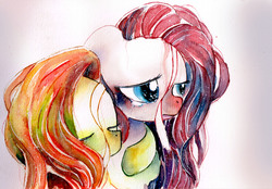 Size: 3437x2399 | Tagged: safe, artist:mashiromiku, fluttershy, pinkie pie, pony, g4, bust, crying, duo, female, high res, hug, looking away, mare, pinkamena diane pie, sad, stray strand, teary eyes, traditional art, watercolor painting