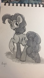 Size: 720x1280 | Tagged: dead source, safe, artist:aomygoditsangie, artist:dreamscapevalley, pinkie pie, earth pony, pony, g4, black and white, female, grayscale, monochrome, smiling, solo, traditional art