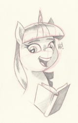 Size: 666x1044 | Tagged: safe, artist:saturdaymorningproj, twilight sparkle, pony, g4, book, female, mare, monochrome, open mouth, simple background, sketch, smiling, solo, traditional art, white background