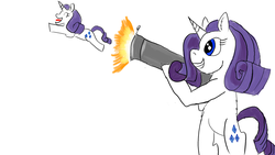 Size: 2048x1156 | Tagged: safe, artist:horsesplease, rarity, g4, bipedal, clone, paint tool sai, rocket launcher, self ponidox, smiling