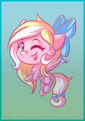 Size: 2802x4002 | Tagged: safe, artist:klarapl, derpibooru exclusive, oc, oc only, oc:bay breeze, pegasus, pony, bow, chest fluff, chibi, cute, ear fluff, female, flying, hair bow, looking at you, mare, one eye closed, open mouth, simple background, tail bow, wink