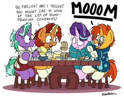 Size: 2264x1775 | Tagged: safe, artist:bobthedalek, firelight, starlight glimmer, stellar flare, sunburst, pony, unicorn, g4, beard, bed mane, bread, breakfast, clothes, cup, facial hair, father and daughter, female, food, funny, glasses, glowing, glowing horn, group, horn, implied starburst, magic, magic aura, male, mare, messy mane, mother and son, quartet, robe, scroll, shipper flare, shipper on deck, signature, simple background, sitting, stallion, subtle as a train wreck, table, teacup, teapot, telekinesis, that pony sure does want grandfoals, toast, white background