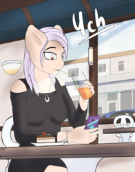 Size: 4000x5100 | Tagged: safe, artist:mintjuice, anthro, advertisement, breasts, cake, car, clothes, commission, diner, dress, drinking, female, food, lunchtime, mare, phone, sitting, table, window, woman, your character here