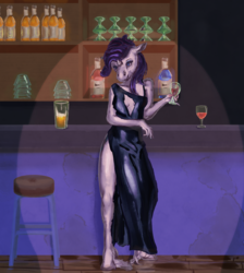 Size: 2000x2230 | Tagged: safe, artist:lase-x, rarity, anthro, unguligrade anthro, g4, alcohol, bar, clothes, dress, female, high res, solo, unshorn fetlocks