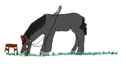 Size: 1400x715 | Tagged: safe, artist:horsesplease, king sombra, stygian, bird, pigeon, pony, unicorn, g4, angry, friesian horse, grass, grazing, growling, herbivore, horses doing horse things, leash, paint tool sai, pun, reins, species swap, stool, stool pigeon