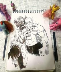 Size: 720x847 | Tagged: safe, artist:ghostly666, fluttershy, pinkie pie, rainbow dash, spike, twilight sparkle, alicorn, earth pony, human, pegasus, pony, g4, glasses, ink, male, meme, muscles, son goku, traditional art