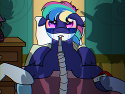 Size: 1024x768 | Tagged: safe, artist:edgeyboiss, artist:kindheart525, rainbow dash, soarin', oc, oc:dusk star, oc:firework, kindverse, g4, bed, chromatic aberration, crying, digital art, hospital bed, next generation, offscreen character, offspring, parent:rainbow dash, parent:silver script, parent:soarin', parent:twilight sparkle, parents:soarindash, parents:twiscript, story in the source, story included