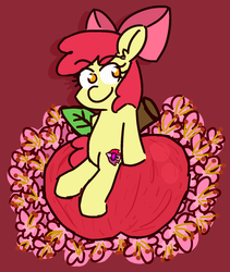 Size: 1350x1600 | Tagged: safe, artist:threetwotwo32232, apple bloom, earth pony, pony, g4, apple, female, flower, food, mare, red background, simple background, solo