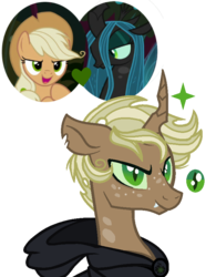Size: 656x842 | Tagged: safe, artist:superrosey16, mean applejack, queen chrysalis, oc, oc:rotting core, changepony, g4, the mean 6, clone, magical lesbian spawn, male, offspring, parent:mean applejack, parent:queen chrysalis, parents:chrysajack, parents:mean chrysajack, simple background, transparent background
