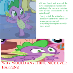 Size: 1238x1248 | Tagged: safe, edit, screencap, spike, a matter of principals, bridle gossip, filli vanilli, g4, the hearth's warming club, yakity-sax, text, why would anything nice happen