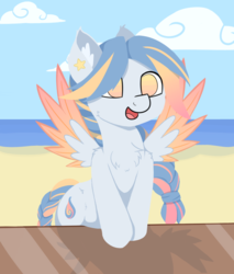 Size: 966x1134 | Tagged: safe, artist:rhythmpixel, oc, oc only, oc:seashore swirl, pegasus, pony, beach, braid, braided ponytail, braided tail, chest fluff, cloud, colored wings, cutie mark, ear fluff, female, happy, hooves, lineless, mare, open mouth, solo, spread wings, wings