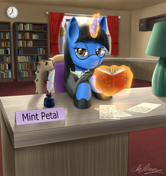 Size: 3400x3600 | Tagged: safe, artist:clear vision, oc, oc only, oc:mint petal, pony, python, snake, unicorn, book, bookshelf, clock, clothes, commission, crossed hooves, crossed legs, curtains, desk, female, glasses, glowing horn, high res, horn, lamp, library, looking at you, magic, mare, quill, quill pen, signature, sitting, suit