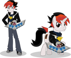 Size: 1024x835 | Tagged: safe, artist:mlp-trailgrazer, oc, oc only, human, pony, unicorn, equestria girls, g4, duel disk, human ponidox, male, self ponidox, simple background, stallion, transparent background, yu-gi-oh!