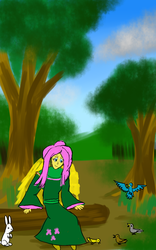 Size: 800x1280 | Tagged: safe, artist:horsesplease, angel bunny, fluttershy, bird, fairy, rabbit, equestria girls, g4, clothes, dress, forest, log, sitting, smiling, tree, winged humanization, wings