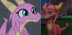 Size: 1905x932 | Tagged: safe, edit, screencap, scales (g4), dragon, g4, the hearth's warming club, comparison, dragoness, ember (spyro), female, heart, jewelry, necklace, spyro the dragon (series)