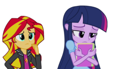 Size: 1280x714 | Tagged: safe, artist:php77, editor:php77, sunset shimmer, twilight sparkle, equestria girls, g4, my little pony equestria girls: rainbow rocks, book, hug, sad, simple background, transparent background