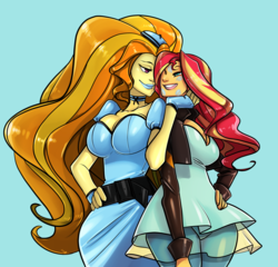 Size: 1280x1228 | Tagged: safe, artist:srasomeone, adagio dazzle, sunset shimmer, human, fanfic:her way with words, equestria girls, g4, adagio dazzle gets around, belt, beret, big breasts, blue lipstick, breasts, busty adagio dazzle, busty sunset shimmer, cheek kiss, choker, cleavage, clothes, dress, duo, fanfic art, female, hat, heart eyes, hypnosis, kiss mark, kissing, latex, latex dress, lesbian, lipstick, ship:sunsagio, shipping, wingding eyes