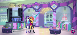 Size: 3840x1756 | Tagged: safe, artist:spike fancy, rarity, sunset shimmer, human, equestria girls, fashion photo booth, g4, my little pony equestria girls: better together, boots, carousel boutique, clothes, equestria girls logo, female, geode of empathy, geode of shielding, high heel boots, high heels, jacket, one eye closed, shoes, skirt, smiling, wink