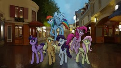 Size: 1920x1080 | Tagged: safe, artist:hardbrony, applejack, fluttershy, pinkie pie, rainbow dash, rarity, twilight sparkle, alicorn, earth pony, pegasus, pony, unicorn, g4, female, mane six, mare, smiling, town, twilight sparkle (alicorn)