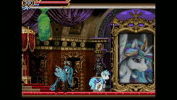 Size: 640x360 | Tagged: safe, princess celestia, queen chrysalis, alicorn, changeling, changeling queen, pony, unicorn, ponyvania: order of equestria, g4, animated, bipedal, castlevania, castlevania: dawn of sorrow, cocoon, falcon punch, fan game, female, game, gif, male, mare, painting, punch, stallion, throne room, video at source, youtube link