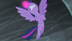 Size: 1258x720 | Tagged: safe, screencap, twilight sparkle, alicorn, pony, g4, the cutie map, female, flying, glowing horn, horn, magic, nose in the air, spread wings, twilight sparkle (alicorn), wings