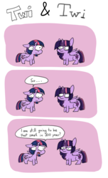 Size: 1628x2683 | Tagged: safe, artist:duop-qoub, twilight sparkle, alicorn, pony, descended twilight, g4, bags under eyes, comic, female, floppy ears, future future twilight, i can't believe it's not tjpones, looking at each other, mare, multeity, sad, size difference, speech bubble, style emulation, text, twilight sparkle (alicorn)