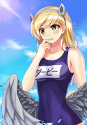 Size: 1324x1897 | Tagged: safe, artist:brz, derpy hooves, human, g4, anime, butt wings, clothes, cloud, female, humanized, japanese, one-piece swimsuit, pony ears, sky, solo, swimsuit, winged humanization, wings