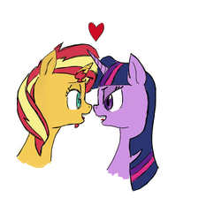 Size: 1024x1024 | Tagged: safe, artist:evening-mellow, sunset shimmer, twilight sparkle, pony, unicorn, g4, bust, female, heart, lesbian, lidded eyes, looking at each other, ship:sunsetsparkle, shipping