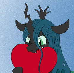 Size: 1325x1315 | Tagged: safe, artist:kirr12, queen chrysalis, changeling, changeling queen, g4, biting, crown, female, heart, jewelry, nom, regalia, simple background, solo