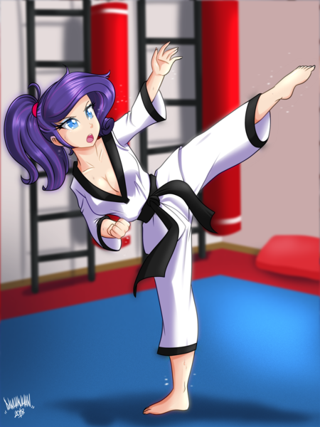 1797851 - safe, artist:danmakuman, part of a set, rarity, human, absolute  cleavage, alternate hairstyle, barefoot, black belt, breasts, cleavage,  clothes, commission, dobok, dojo, eyeshadow, feet, female, gi, high res,  humanized, lipstick, makeup,
