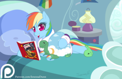 Size: 900x582 | Tagged: safe, artist:jenessa dunn, daring do, rainbow dash, tank, g4, bathrobe, bed, bedroom, blanket, book, clothes, dashie slippers, lamp, nightstand, patreon, patreon logo, pennant, pillow, robe, signature, slippers, tank slippers