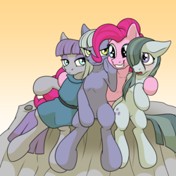 Size: 2000x2000 | Tagged: safe, artist:ohemo, limestone pie, marble pie, maud pie, pinkie pie, earth pony, pony, g4, atg 2018, female, high res, hug, mare, newbie artist training grounds, pie sisters, siblings, sisters, sitting, smiling