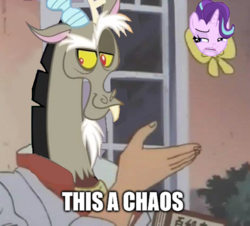 Size: 487x440 | Tagged: safe, discord, starlight glimmer, butterfly, g4, image macro, is this a pigeon, meme, species swap, starlight glimmer is not amused, unamused