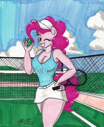 Size: 2017x2462 | Tagged: safe, artist:newyorkx3, pinkie pie, earth pony, anthro, g4, adorasexy, breasts, busty pinkie pie, cleavage, clothes, curvy, cute, female, high res, miniskirt, sexy, skirt, solo, sports, tennis, tennis racket, thighs, traditional art