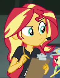 Size: 555x717 | Tagged: safe, screencap, apple bloom, sunset shimmer, all the world's off stage, equestria girls, g4, my little pony equestria girls: better together, clipboard, cropped, director shimmer, female, pencil
