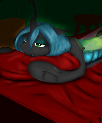 Size: 2000x2400 | Tagged: safe, artist:ruanshi, queen chrysalis, changeling, changeling queen, g4, bed, blanket, female, high res, sleepy, solo