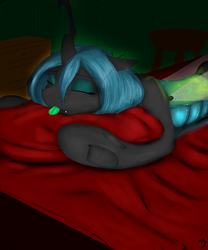 Size: 2000x2400 | Tagged: safe, artist:ruanshi, queen chrysalis, changeling, changeling queen, g4, :p, bed, blanket, cute, cutealis, eyes closed, female, green tongue, high res, silly, sleeping, solo, tongue out