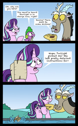 Size: 1911x3067 | Tagged: safe, artist:bobthedalek, discord, spike, starlight glimmer, draconequus, dragon, pony, unicorn, a matter of principals, g4, comic, female, male, mare, scroll, the tables have turned, this will not end well, winged spike, wings