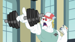 Size: 1920x1080 | Tagged: safe, screencap, bulk biceps, all the world's off stage, all the world's off stage: micro chips, equestria girls, g4, my little pony equestria girls: better together, animation error, dumbbell (object), dumbbells, magazine, male, objection, solo, weights