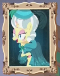 Size: 389x489 | Tagged: safe, edit, edited screencap, screencap, pony, unicorn, a matter of principals, g4, animate object, clothes, clover the clever's cloak, cropped, dress, female, frame, framed picture, mare, mare antoinette, marie antoinette, painting, powdered wig, updo