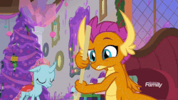 Size: 620x349 | Tagged: safe, screencap, ocellus, smolder, changedling, changeling, dragon, g4, the hearth's warming club, animated, discovery family logo, dragoness, female, gif, hearth's warming tree, slime