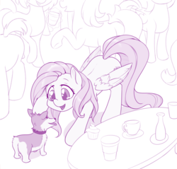 Size: 900x861 | Tagged: safe, artist:dstears, fluttershy, corgi, dog, pegasus, pony, g4, atg 2018, cup, cupcake, cute, female, food, mare, monochrome, newbie artist training grounds, petting, shyabetes, smiling, teacup
