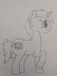 Size: 3036x4048 | Tagged: safe, artist:risen_warrior, oc, oc only, oc:littlepip, pony, unicorn, fallout equestria, black and white, cutie mark, fanfic, fanfic art, female, grayscale, hooves, horn, mare, monochrome, profile, raised hoof, simple background, sketch, solo, traditional art, white background