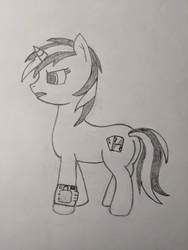 Size: 3036x4048 | Tagged: safe, artist:risen_warrior, oc, oc only, oc:blackjack, pony, unicorn, fallout equestria, black and white, fanfic, fanfic art, female, grayscale, gritted teeth, hooves, horn, mare, monochrome, pipbuck, simple background, sketch, solo, traditional art, white background