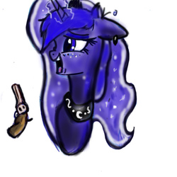 Size: 512x512 | Tagged: safe, artist:groomlake, princess luna, alicorn, pony, g4, bust, ear piercing, female, glowing horn, gun, handgun, horn, open mouth, piercing, revolver, simple background, solo, weapon, white background