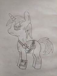 Size: 3036x4048 | Tagged: safe, artist:risen_warrior, oc, oc only, oc:littlepip, pony, unicorn, fallout equestria, bandage, black and white, fanfic, fanfic art, female, grayscale, hooves, horn, mare, monochrome, pipbuck, profile, simple background, sketch, solo, traditional art, white background